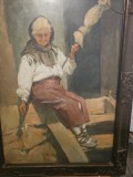 Tablou vechi, Țărancă torc&acirc;nd, monogramă M.F., colecția Eftimie Predoleanu, RARITATE