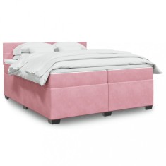 vidaXL Pat box spring cu saltea, roz, 200x200 cm, catifea foto