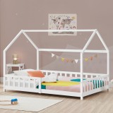 Cumpara ieftin RESIGILAT - Pat Copii Hesel tip Casuta cu Protectie Impotriva Caderilor, 90x200 cm, Lemn de Brad, Alb