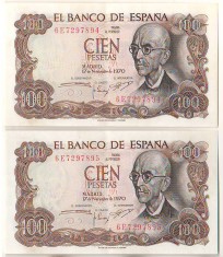 SV * Spania LOT 2 x 100 PESETAS 1961 * Serii Consecutive * AUNC +