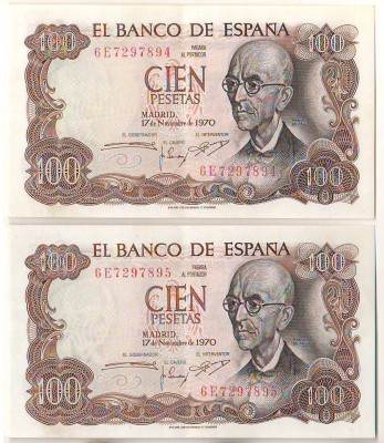 SV * Spania LOT 2 x 100 PESETAS 1961 * Serii Consecutive * AUNC + foto