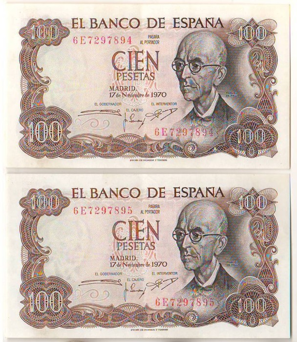 SV * Spania LOT 2 x 100 PESETAS 1961 * Serii Consecutive * AUNC +
