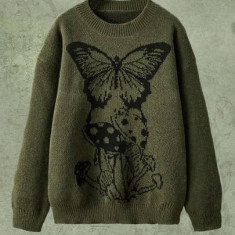 Pulover din tricot cu imprimeu fluture, verde, dama, Shein