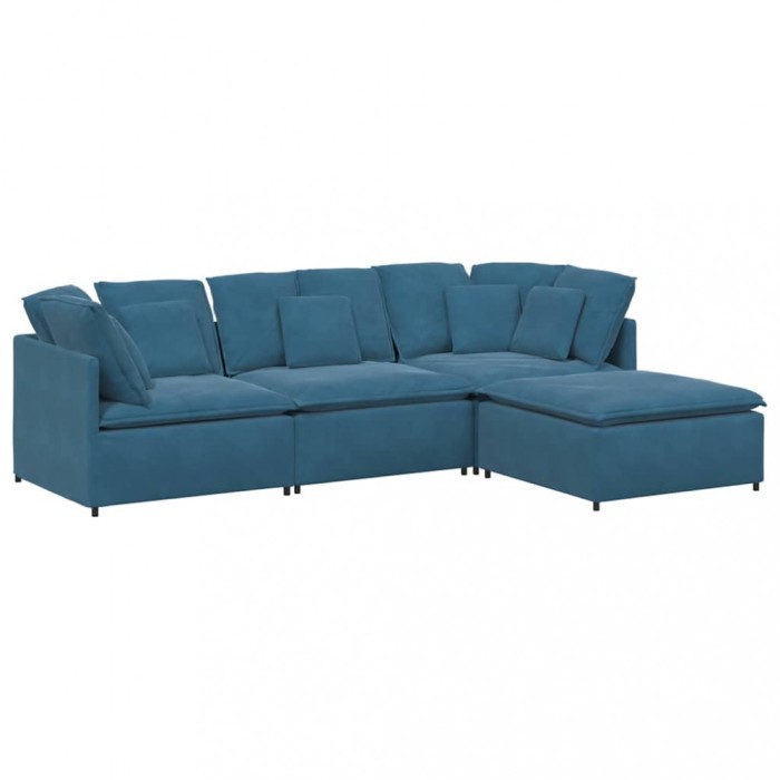 Canapea modulara cu taburet si perne, catifea, albastru
