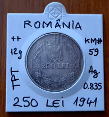 250 lei 1941, TPT, Romania, argint foto