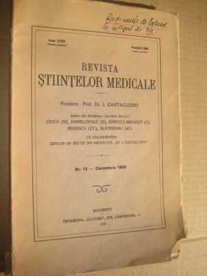 B843-I- Revista Stiintelor Medicale-Decembrie 1935-Fondator Pr.Dr.i.Cantacuzino. foto