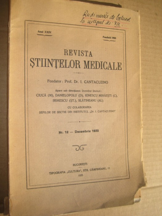 B843-I- Revista Stiintelor Medicale-Decembrie 1935-Fondator Pr.Dr.i.Cantacuzino.