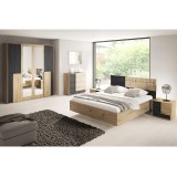 Set dormitor (pat + 2x noptieră + dulap), stejar artizan/ pin norvegian negru, BAFRA
