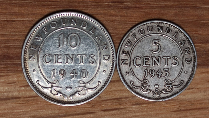 Newfoundland Canada -set argint sterling- 5 + 10 cents 1943 &amp; 1940 - impecabile!
