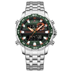 Ceas barbatesc Naviforce Dual Alarma Time Data Luxury Militar Otel Argintiu Verde foto