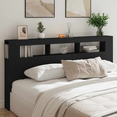 vidaXL Tăblie de pat cu LED, negru, 200x18,5x103,5 cm, lemn prelucrat foto