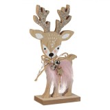 Decoratiune Craciun Lemn Cerb Roz cu Clopotel si Glitter, 18cm, Maro/Roz - Figurina Ornament Craciun