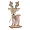 Decoratiune Craciun Lemn, Model Cerb, Blana Roz, Clopotel, Glitter Bej Sampanie, 18cm