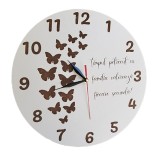 Ceas de perete decorativ lemn gravat laser, 30 cm, alb, cifre arabe, personalizabil