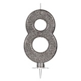Lumanare tort cifra 8, neagra cu sclipici argintiu, 10 cm, CMCLASS