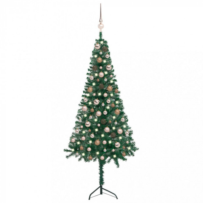 Set pom Crăciun artificial colț LED-uri&amp;globuri verde 150cm PVC