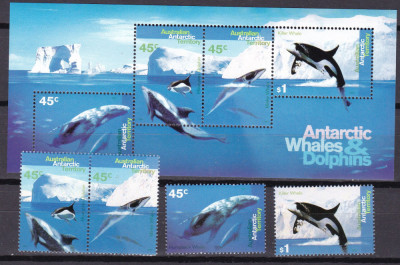 Teritoriile Antarctice Australiene 1995 fauna delfini MI 102-105 + bl.1 MNH foto