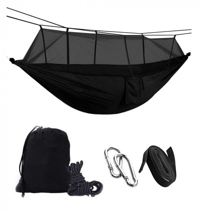 Hamac turistic din nylon cu plasa de tantari, culoare neagra, dimensiuni 260 cm