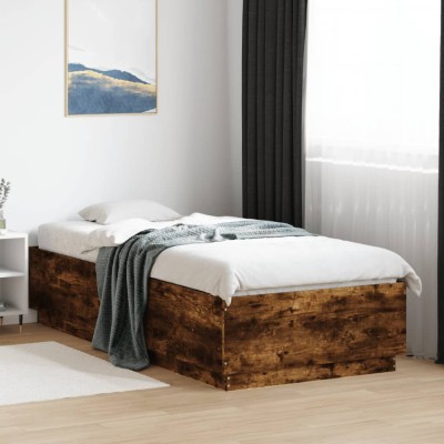 vidaXL Cadru de pat cu LED, stejar fumuriu, 90x200 cm, lemn prelucrat 3209636 foto