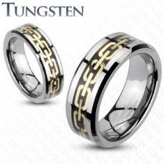 Inel din tungsten cu model de lanț auriu - Marime inel: 49, Grosime: 6 mm