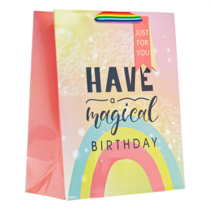 Sacosa Cadou, Model Curcubeu, Mesaj &quot;Have a magical Birthday&quot;, Multicolor, 26x13x32cm
