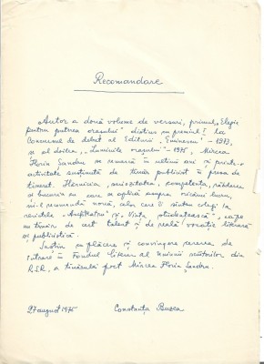 A3297N Document scris și semnat olograf de Constanța Buzea, 1975 foto
