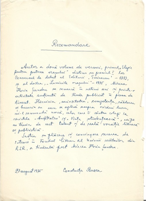 A3297N Document scris și semnat olograf de Constanța Buzea, 1975