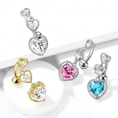 Piercing pentru buric, din oțel - inimă triplă cu zirconii, diverse culori - Culoare Piercing: Argintiu - roz