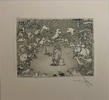 Lucrare gravură semnată, 14x13 / 10x8, artist roman, atasata la o felicitare format mare de la Academia de Artă, artă rom&acirc;nească