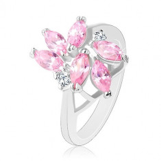 Inel înfrumusețat cu zirconii fațetate în formă de bob de culoare roz, două zirconii rotunde transparente - Marime inel: 51