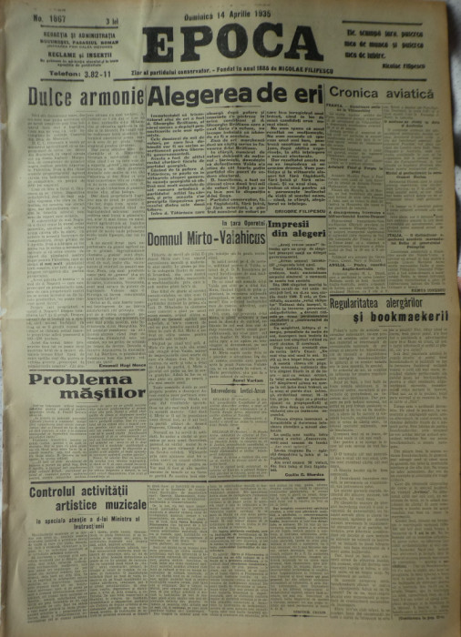 Epoca , ziar al Partidului Conservator , nr. 1867 , 1935 , Grigore Filipescu