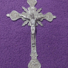 Crucifix de gat vechi complet MARE-Argintiu,expus fara a fi curata/lustruit.22cm