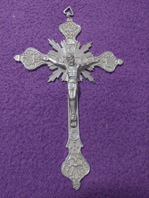 Crucifix de gat vechi complet MARE-Argintiu,expus fara a fi curata/lustruit.22cm foto