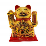 Pisica norocoasa maneki neko aurie cu pui si evantai pe perna - 16cm, Stonemania Bijou