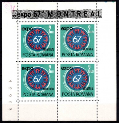 Romania 1967, LP 665 a, Expo&amp;#039;67 Montreal, 2 lei in bloc de 4 numerotat, MNH! foto