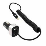 Incarcator auto Carpoint cu cablu conector hibrid MicroUSB MFi Dock 8pin, 2x iesiri USB 2.0, 5.8A , 12V/ 24V, lungime 150cm