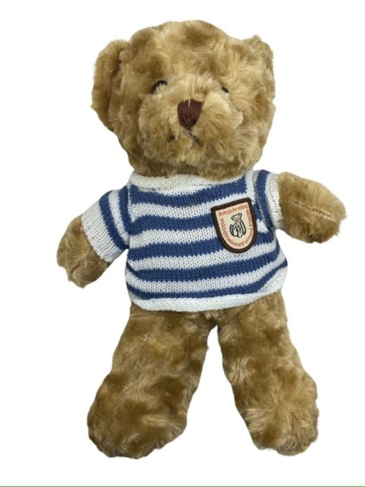 Jucarie plus ursulet maro cu pulover alb albastru