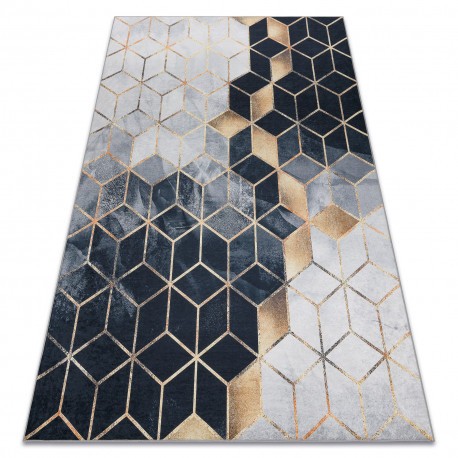 ANDRE 1171 covor lavabil cub, geometric anti-alunecare - negru / aur, 80x150 cm