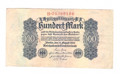 Bancnota Germania 100 mark/marci 4 august 1922, stare buna foto