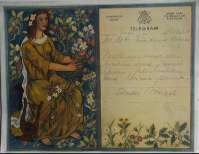 1947 Telegrama 2 cromolitografie 25 x19,5 cm/ Telegraf Tel Belgia / Art Nouveau foto