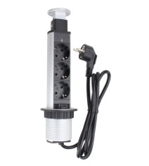 Priza schuko incastrabila in blat de birou sau bucatarie, 3 posturi 220-240VAC 16A cablu 1.8m, pop-up cu indicator de prezenta tensiune