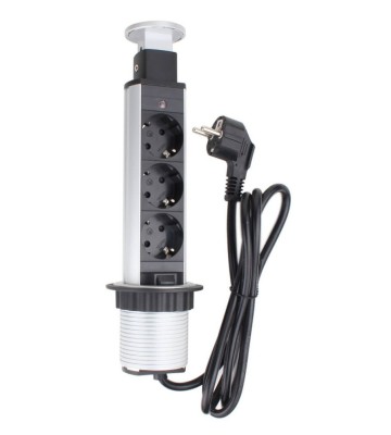 Priza schuko incastrabila in blat de birou sau bucatarie, 3 posturi 220-240VAC 16A cablu 1.8m, pop-up cu indicator de prezenta tensiune foto