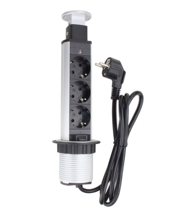 Priza schuko incastrabila in blat de birou sau bucatarie, 3 posturi 220-240VAC 16A cablu 1.8m, pop-up cu indicator de prezenta tensiune