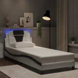 VidaXL Cadru de pat cu lumini LED alb/negru 90x190 cm piele ecologică