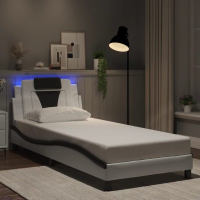 vidaXL Cadru de pat cu lumini LED alb/negru 90x190 cm piele ecologică 3213993 foto