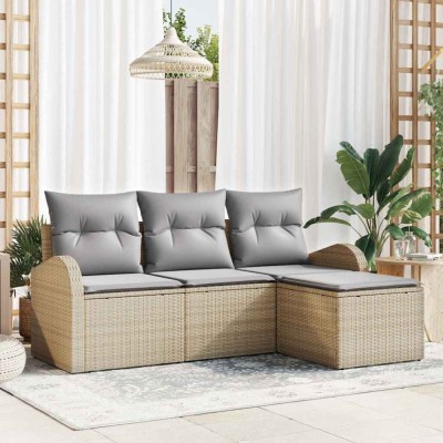 vidaXL Set de canapele pentru grădină cu pernă 4 pcs Bej Rattan poli 3345990 foto