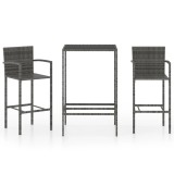 Set mobilier bar grădină vidaXL, 3 piese, poliratan gri, masă 70x70 cm, scaune &icirc;nalte, exterior/interior