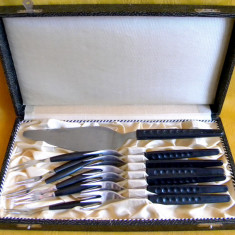 Set vintage tacamuri INOX desert si aperitive, cutie originala Epoca de Aur 1970