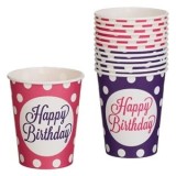 Pahare de Petrecere din Carton Fucsia Mov cu Buline "Happy Birthday" 240ml - 12buc, CMCLASS