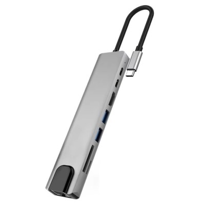 Hub adaptor multifunctional 8in1, HDMI 4K Ultra HD 30 Hz, USB 3.0, SD TF Card Reader, 5 Gbps, RJ 45 foto